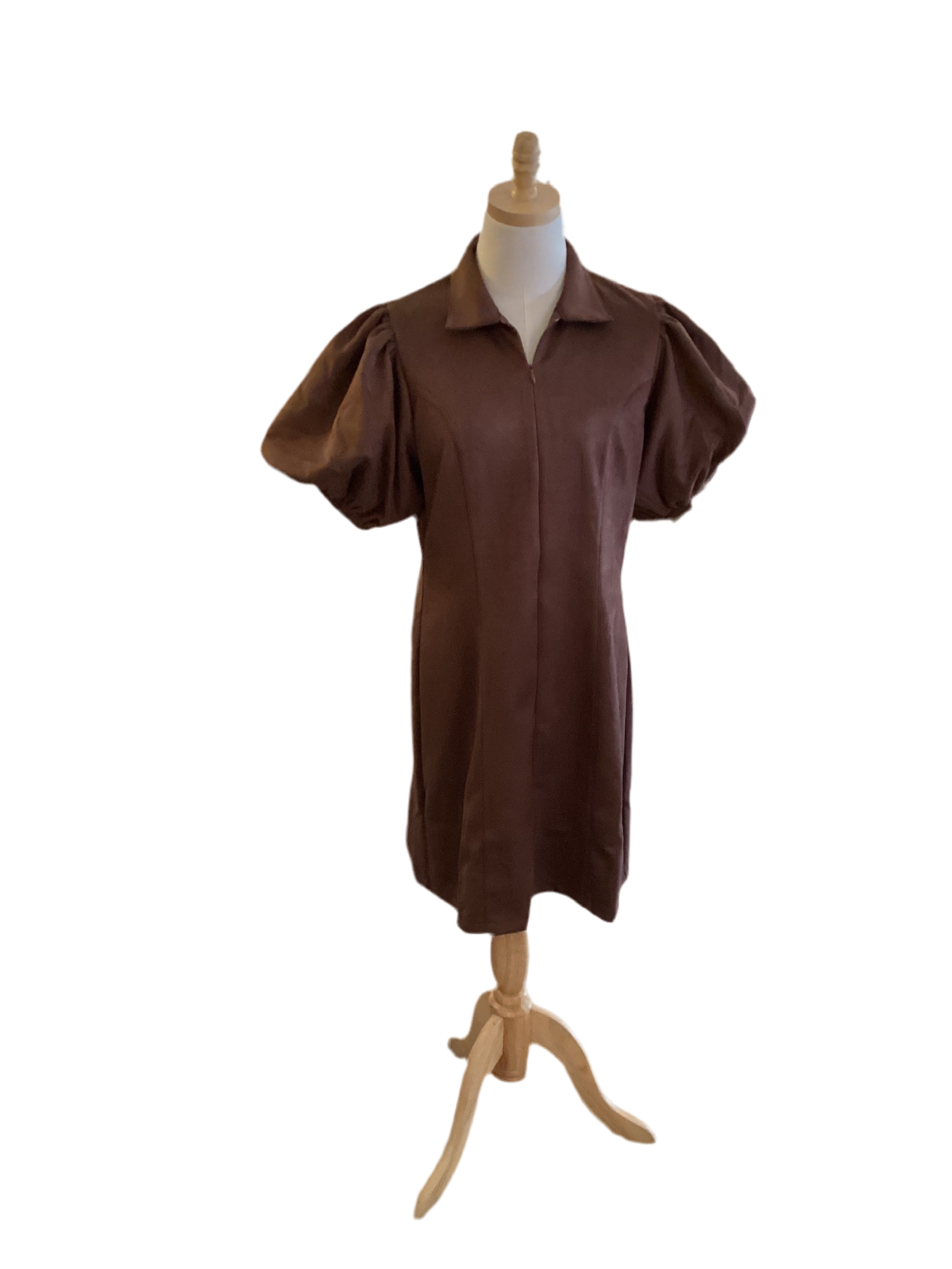 THML chocolate brown suede feel front zip puff sleeve dress