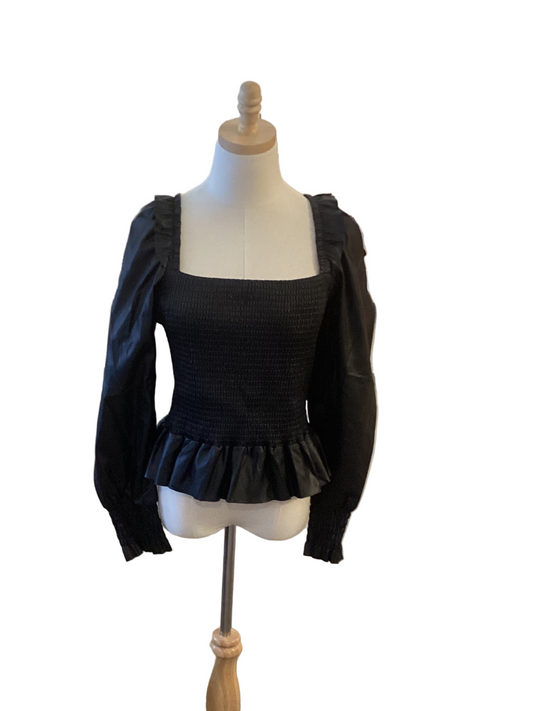 Black liquid leather long sleeve top with ruffle hem