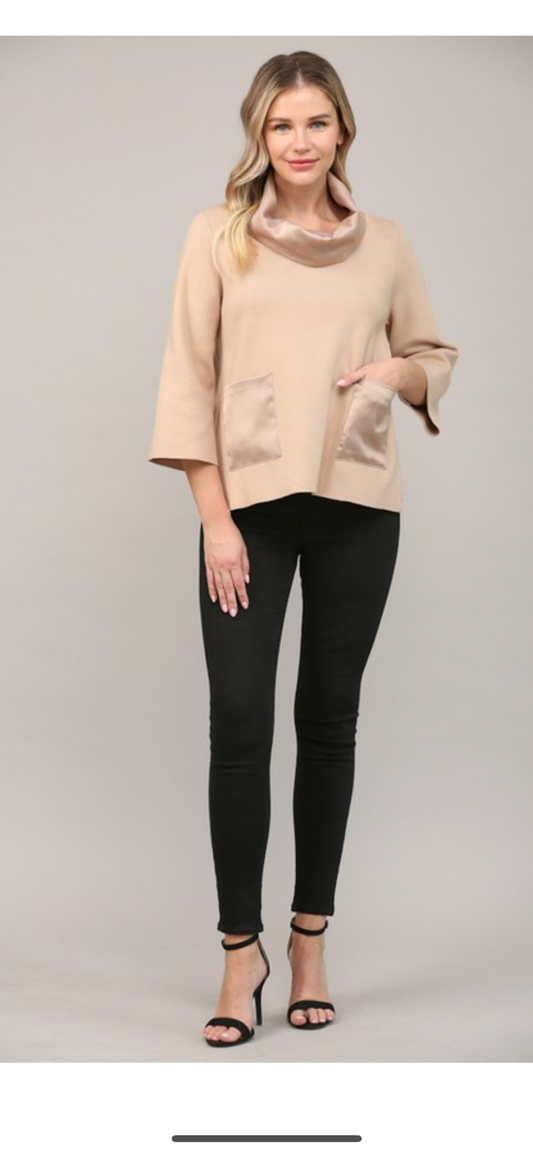 Taupe satin cowl neck with bell sleeve