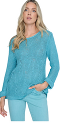 Picadilly teal curved hem 3/4 sleeve knit top