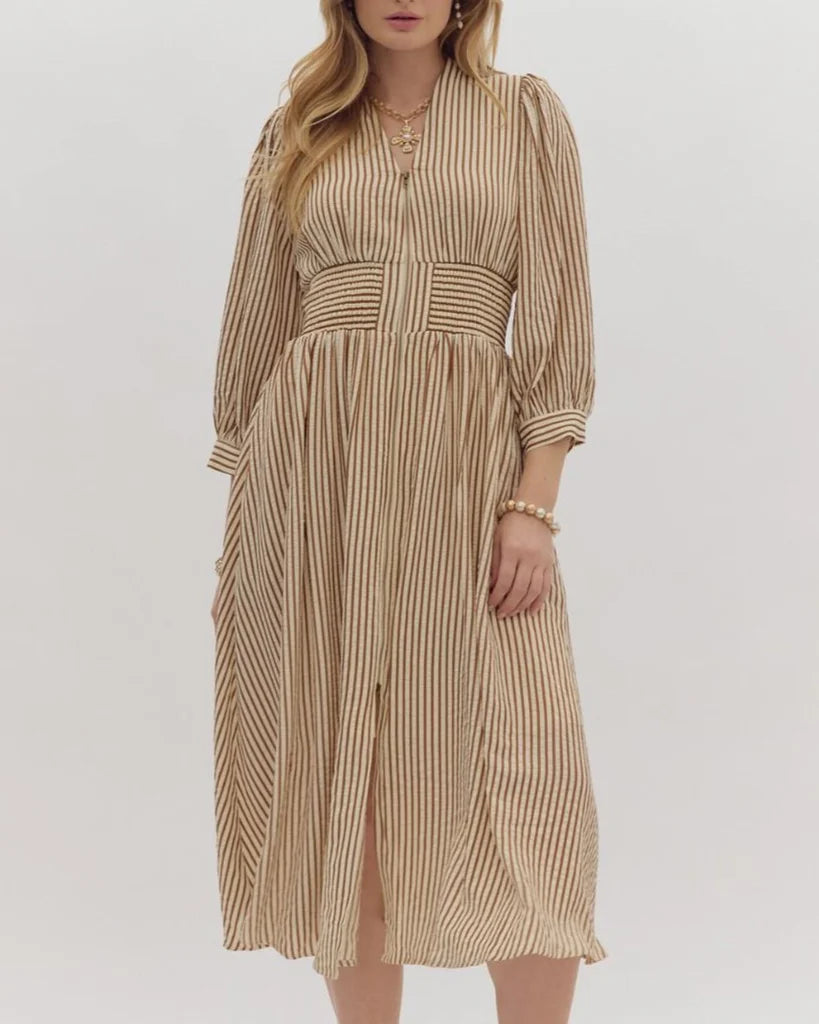 3/4 SLEEVE ZIP UP STRIPE MIDI DRESS - BROWN