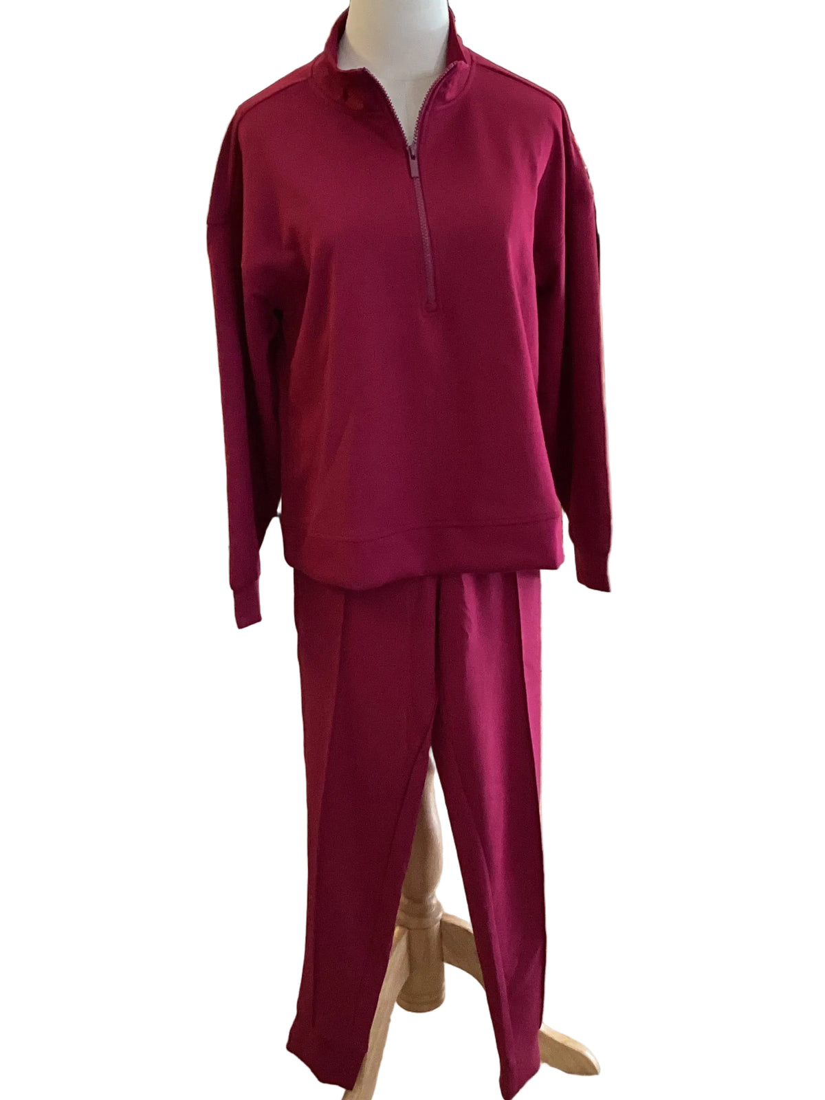 Zenana Cabernet scuba set with zip top and cuffed ankle pants