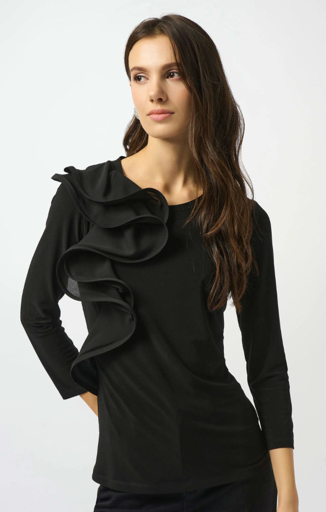 Joseph Ribkoff Black Silky Knit Fitted Ruffled Top
