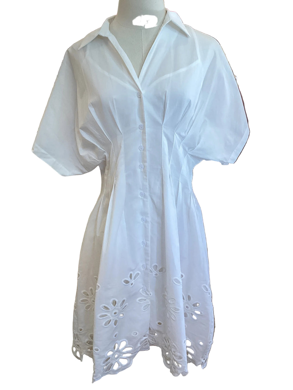 Doe and Rae white scalloped embroidered waist defining pleated shirt dress