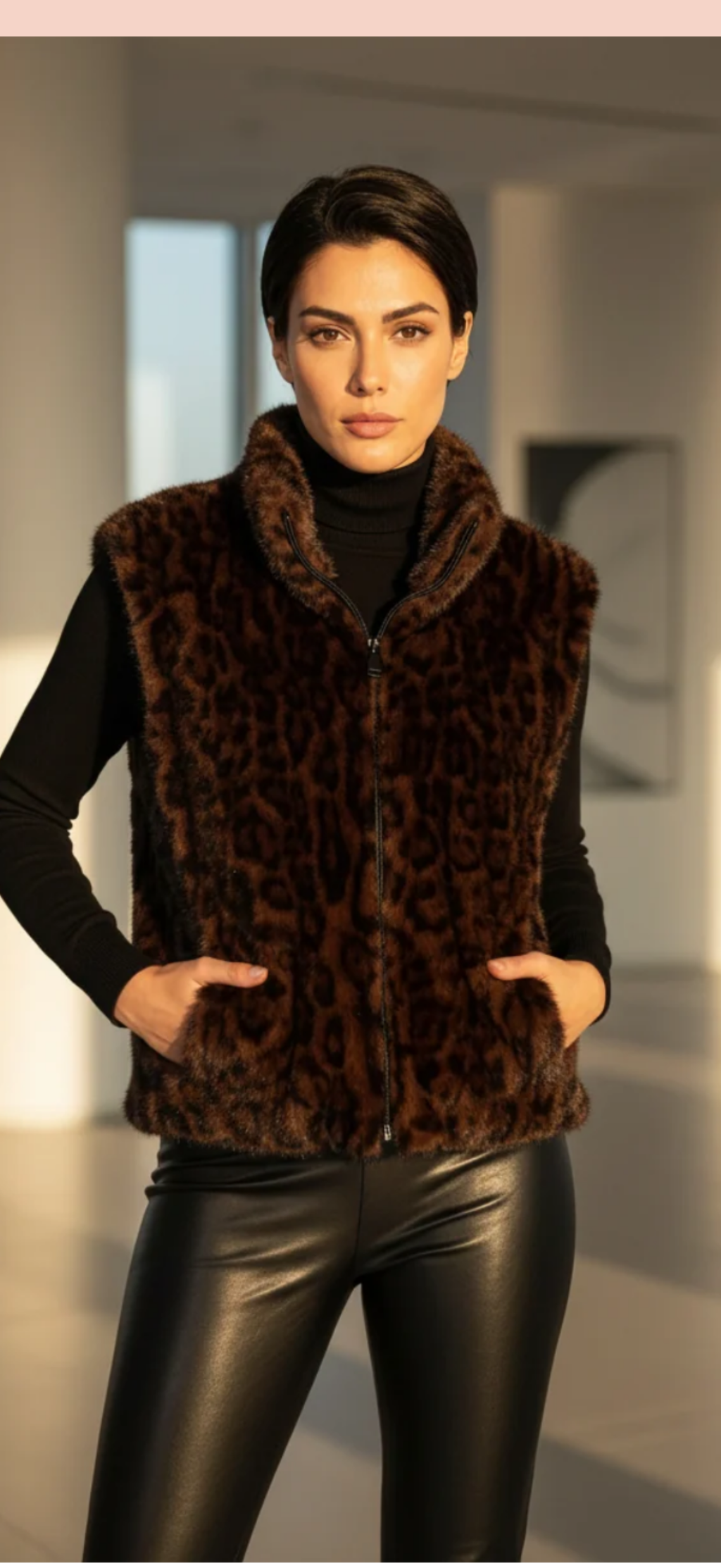 Frank Lyman cheetah faux fur hip length front zip  vest