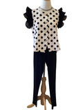 Jodifl black ivory polkadot top with ruffle sleeve and gold, detailed buttons