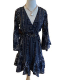 Paani Luv blue gold print v neck long bell sleeve bottom ruffle dress