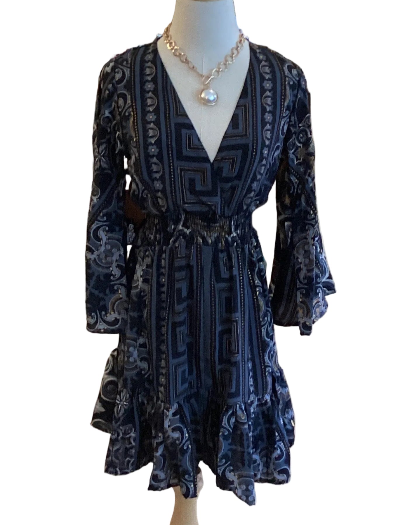 Paani Luv blue gold print v neck long bell sleeve bottom ruffle dress