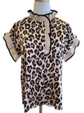 Jodifl cheetah print top with taupe ruffle sleeve and collar