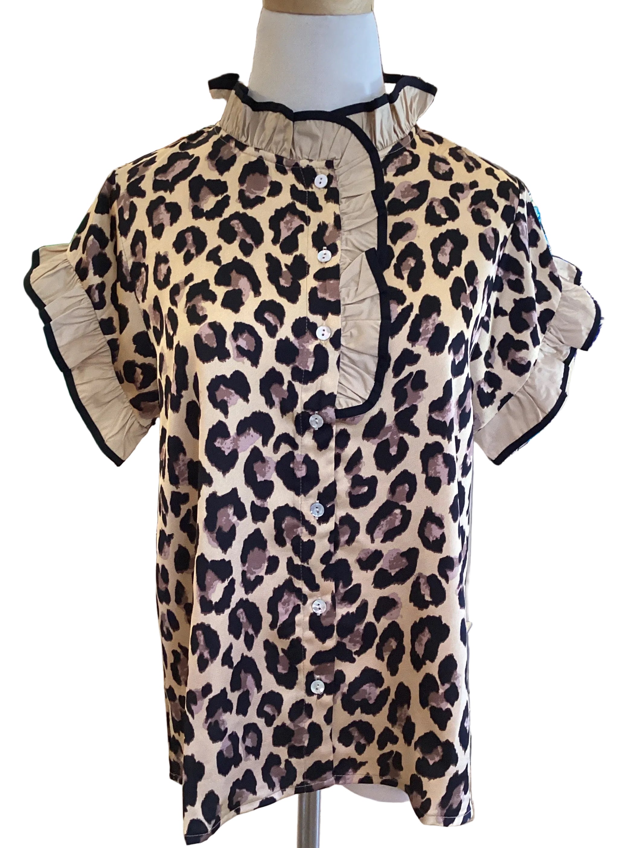 Jodifl cheetah print top with taupe ruffle sleeve and collar