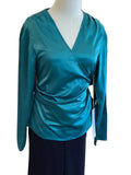Lumiere turquoise satin v neck long sleeve wrap top