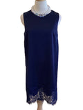 Glam navy round neck sleeveless satin dress with lace hem