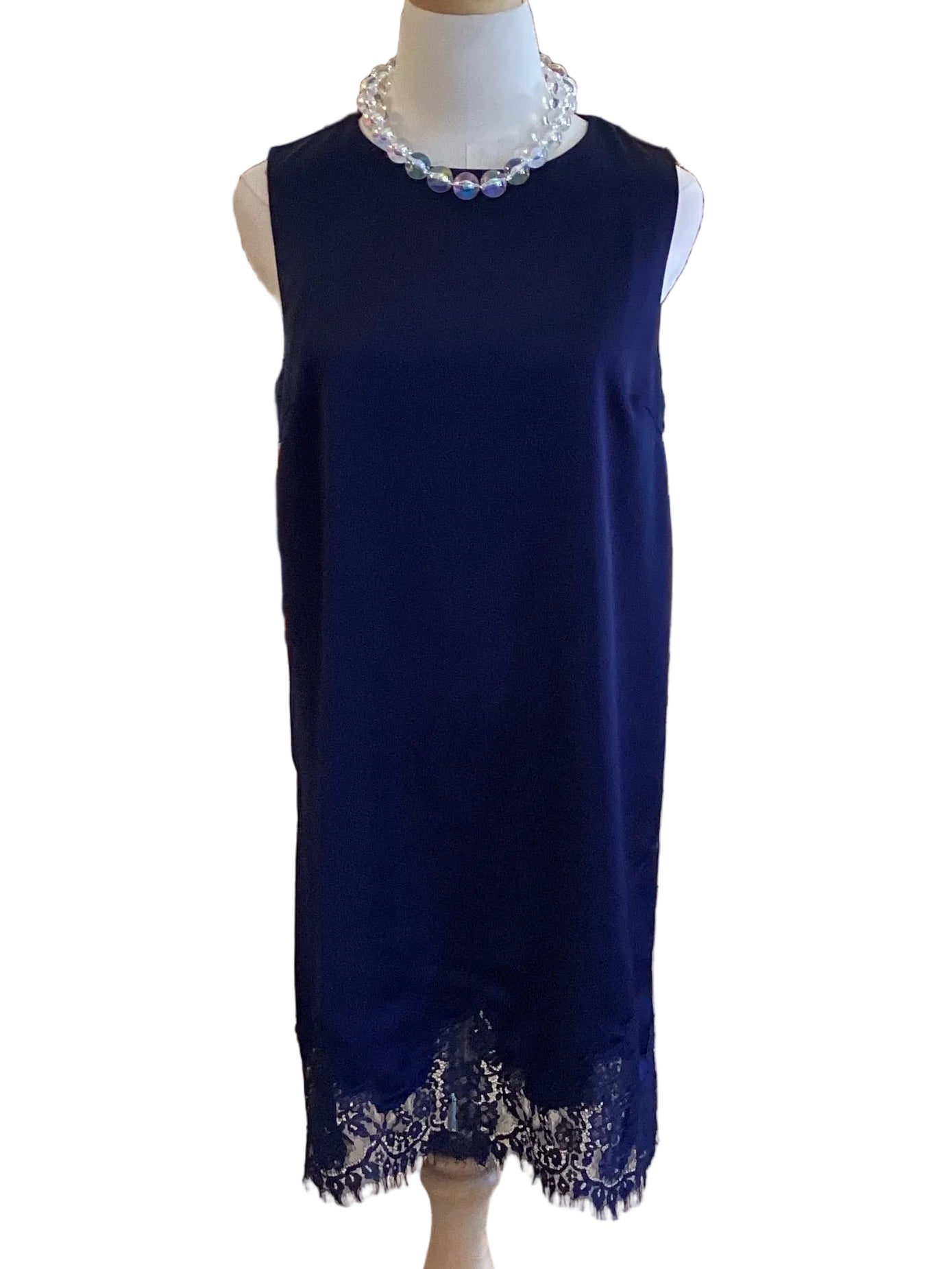 Glam navy round neck sleeveless satin dress with lace hem