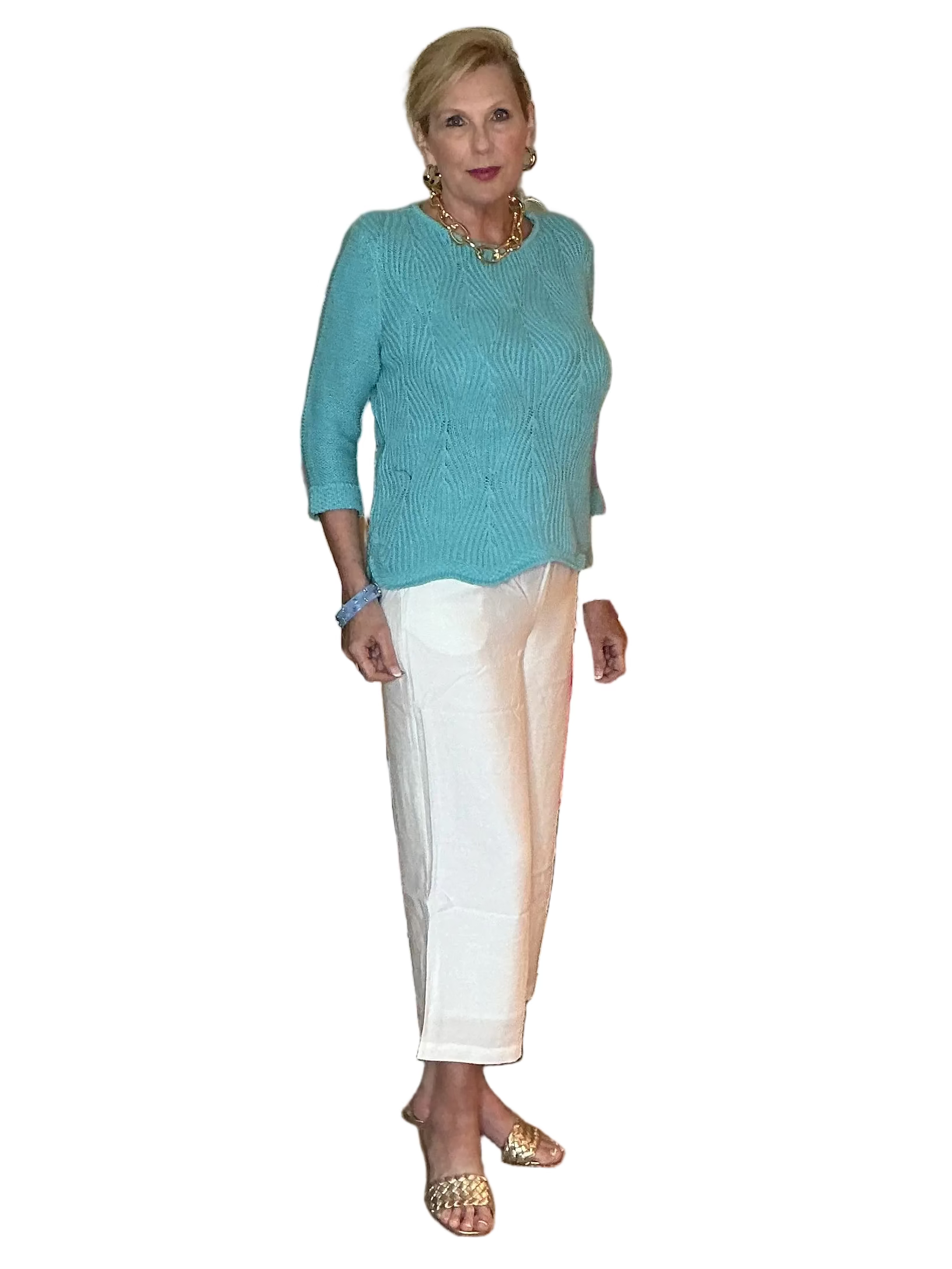 Picadilly teal curved hem 3/4 sleeve knit top