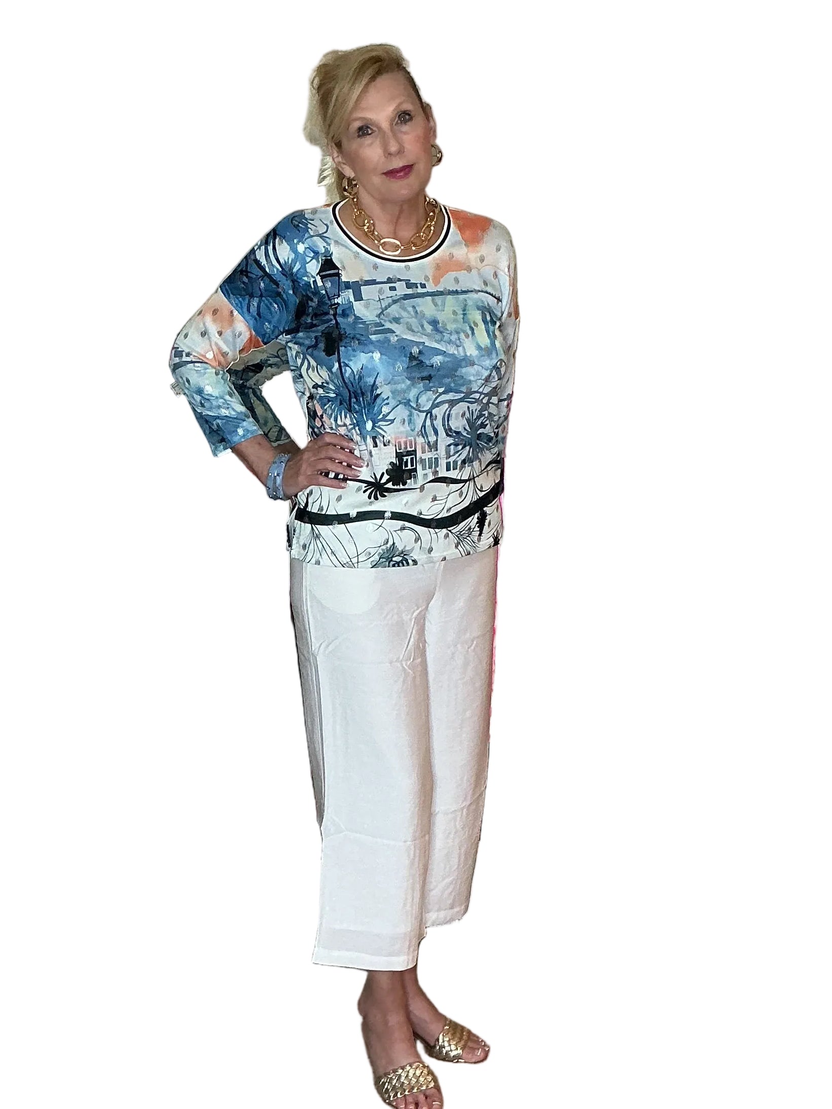 Picadilly dusty blue city scape crew neck 3/4 sleeve top