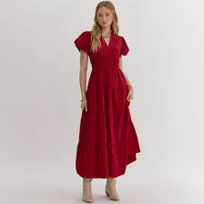 Bubble sleeve tiered midi dress - Burgundy