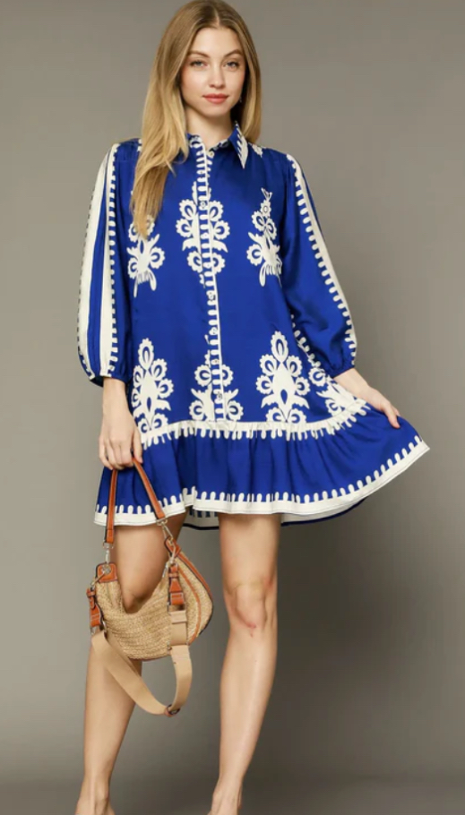 Navy Border print button down mini dress