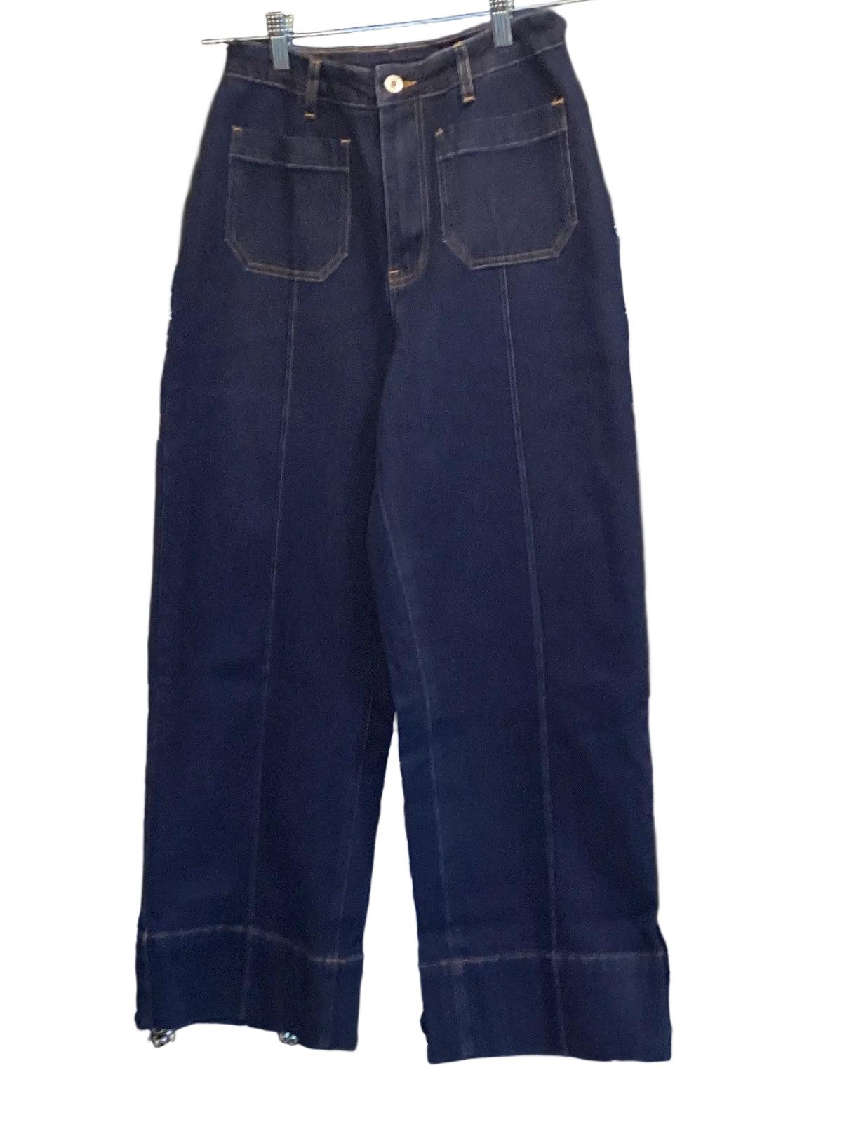 Entro dark denim wide leg pant with cuffed bottom and front pockets
