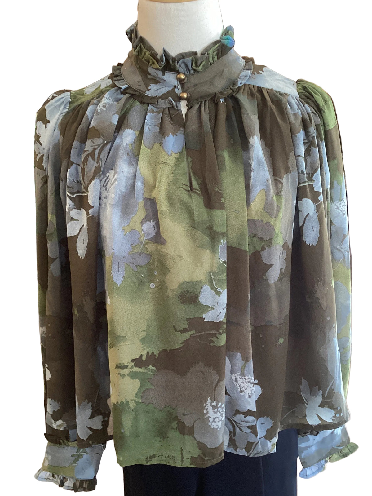 Entro Olive multi color floral top with ruffle neck button detail